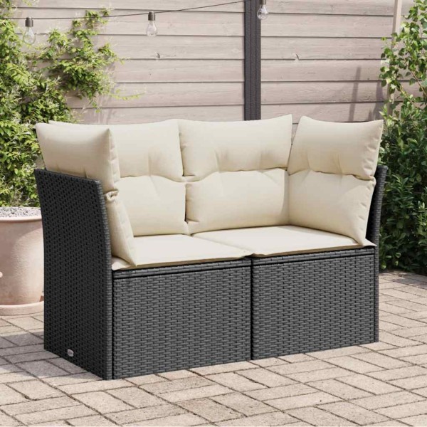 Two-seater garden sofa with cushions, black, polyrattan