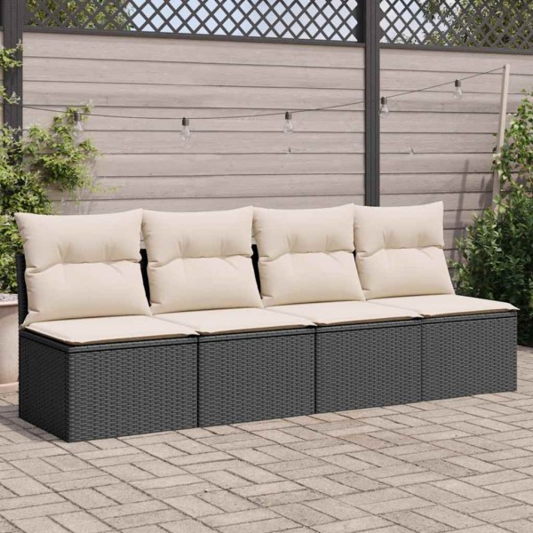 Four-seater garden sofa with cushions, black, polyrattan
