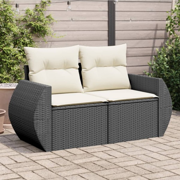 Two-seater garden sofa with cushions, black, polyrattan