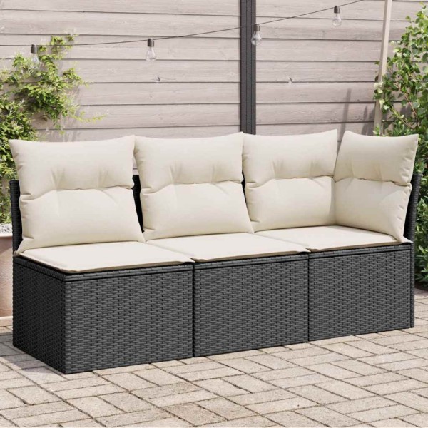 Three-seater garden sofa with cushions, black, polyrattan