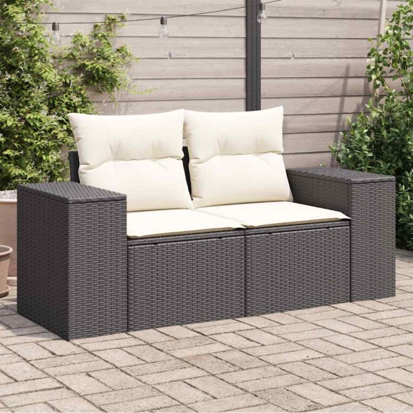 Two-seater garden sofa with cushions, black, polyrattan