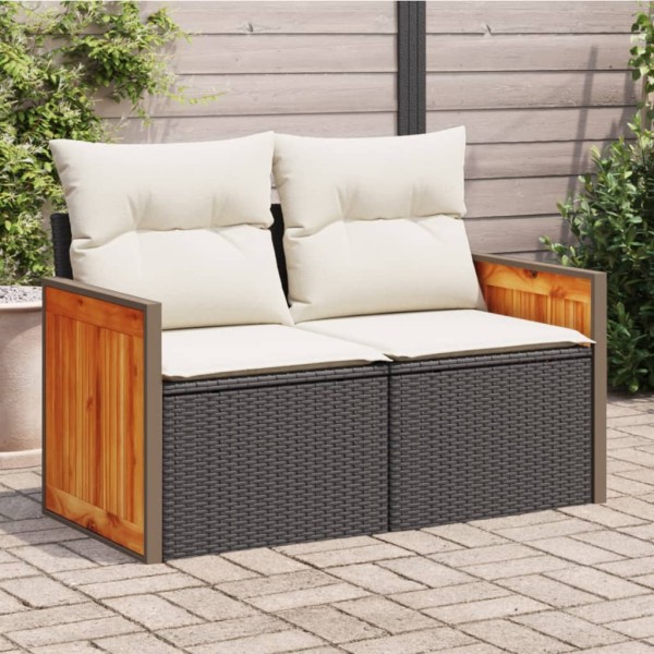 Two-seater garden sofa with cushions, black, polyrattan