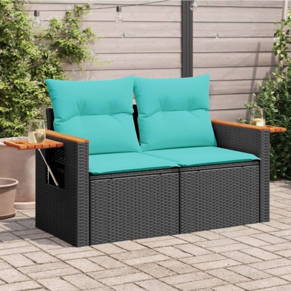 Garden sofa with cushions, two-seater, black, polyrattan