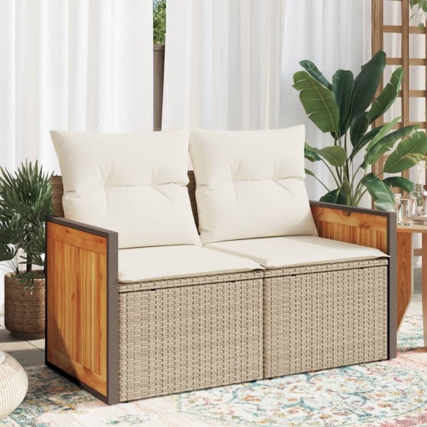 Two-seater garden sofa with cushions, beige, polyrattan
