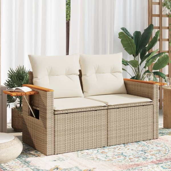 Two-seater garden sofa with cushions, beige, polyrattan