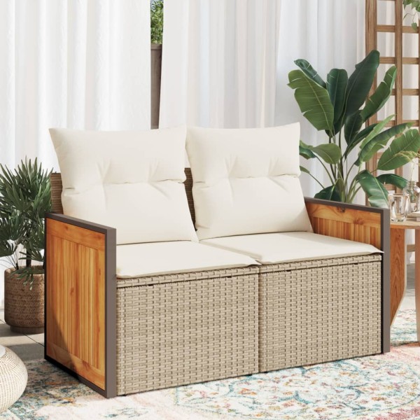 Two-seater garden sofa with cushions, beige, polyrattan