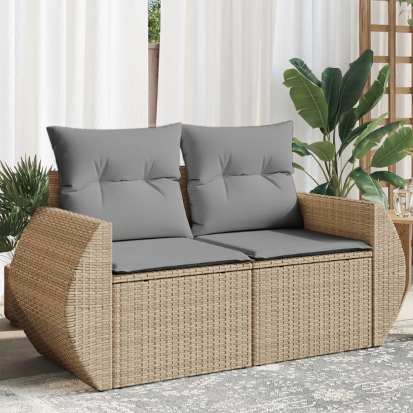 Two-seater garden sofa with cushions, beige, polyrattan