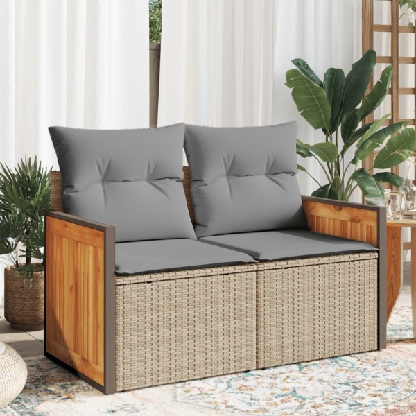 Two-seater garden sofa with cushions, beige, polyrattan