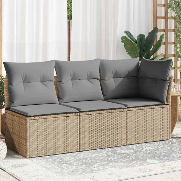 Three-seater garden sofa with cushions, beige, polyrattan