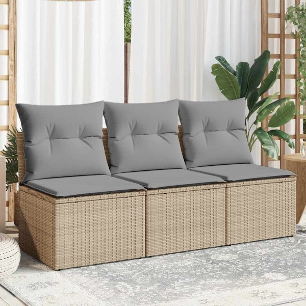 Three-seater garden sofa with cushions, beige, polyrattan