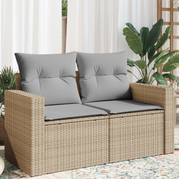 Two-seater garden sofa with cushions, beige, polyrattan