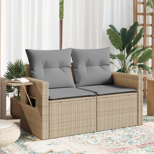 Two-seater garden sofa with cushions, beige, polyrattan