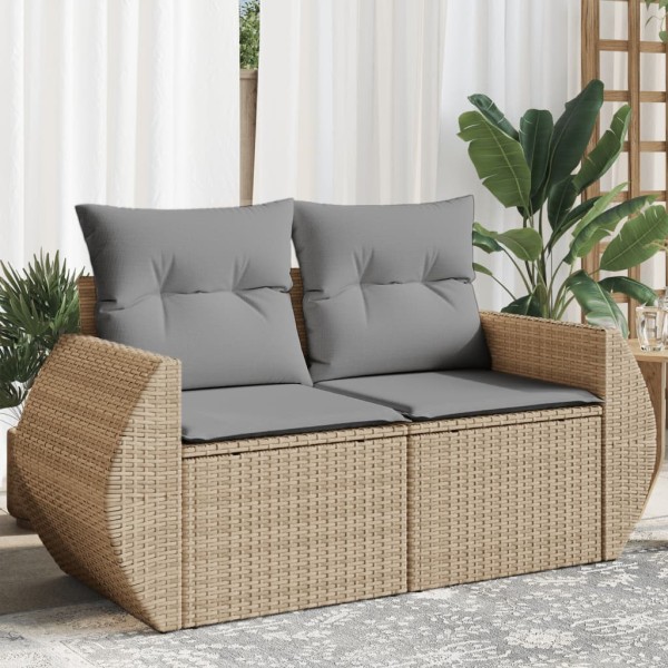 Two-seater garden sofa with cushions, beige, polyrattan