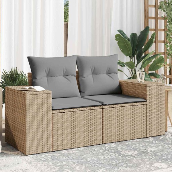 Two-seater garden sofa with cushions, beige, polyrattan