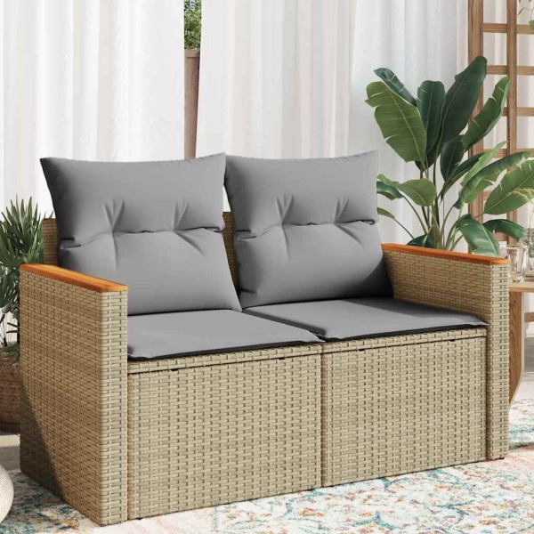 Two-seater garden sofa with cushions, beige, polyrattan