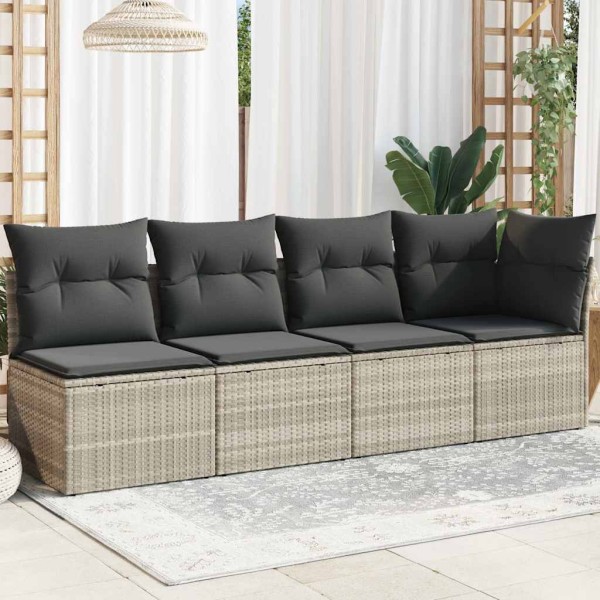 Four-seater garden sofa with cushions, gray, polyrattan