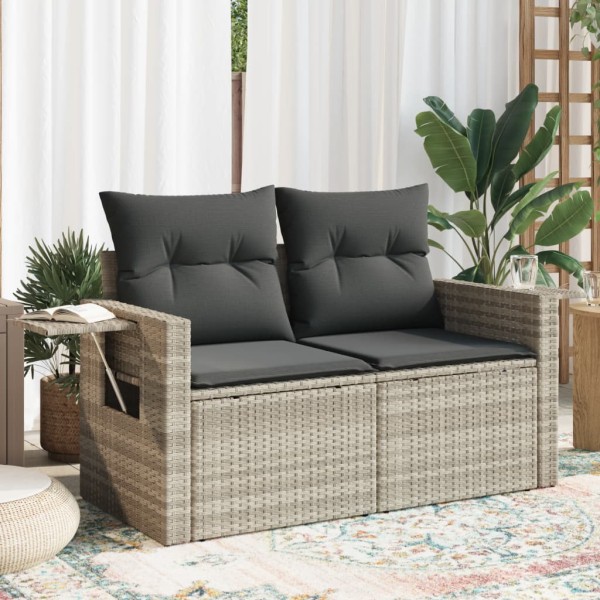 Double garden sofa with cushions, light gray, polyrattan