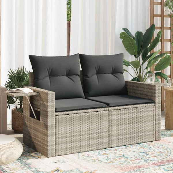 Double garden sofa with cushions, light gray, polyrattan