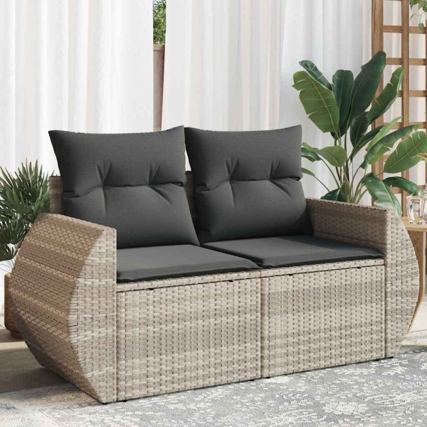 Double garden sofa with cushions, light gray, polyrattan
