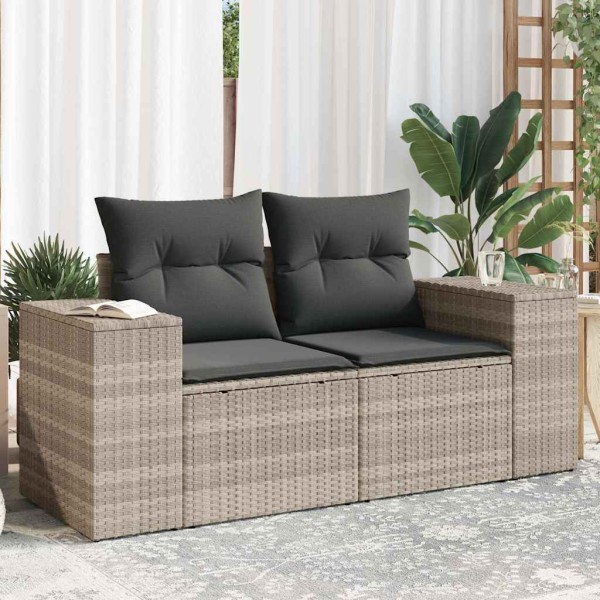 Double garden sofa with cushions, light gray, polyrattan