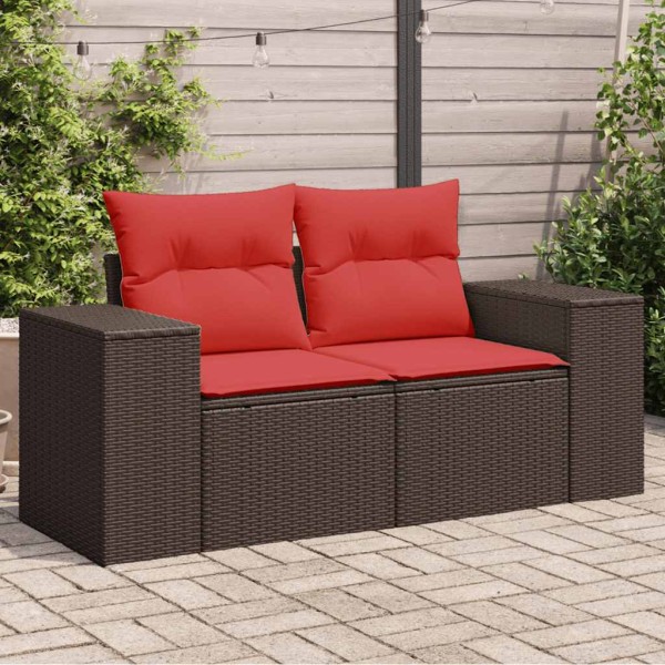 Garden sofa with cushions, two-seater, brown, polyrattan