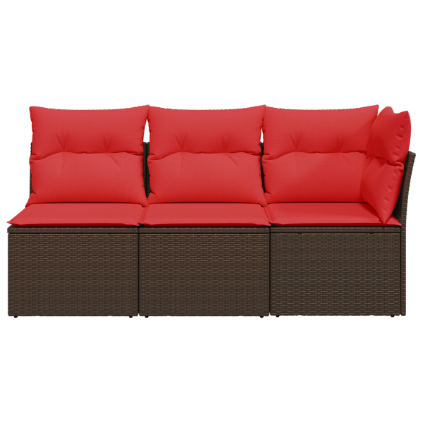 Garden sofa with cushions, 3 seats, brown, polyrattan