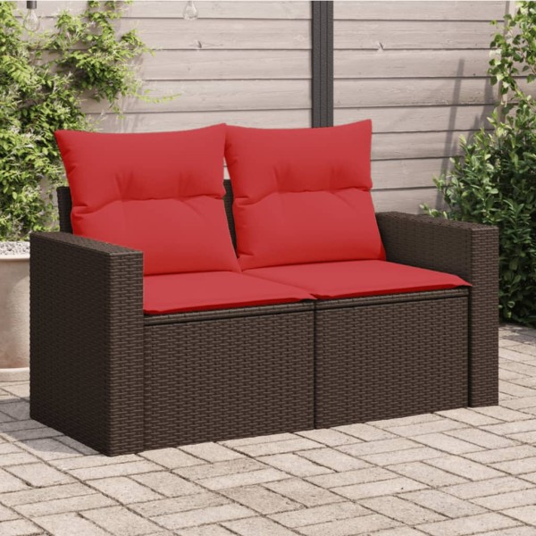 Garden sofa with cushions, two-seater, brown, polyrattan