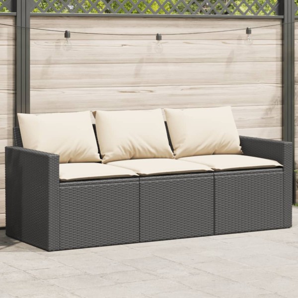 Three-seater garden sofa with cushions, black, polyrattan