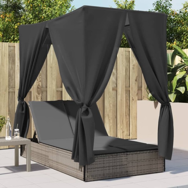 Double sun lounger with canopy and curtains, gray