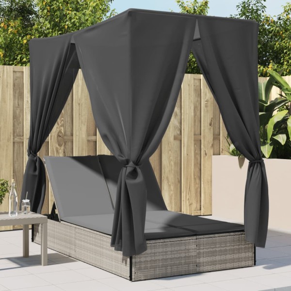 Double sun lounger with canopy and curtains, gray