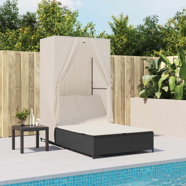 Double sun lounger with canopy and curtains, black