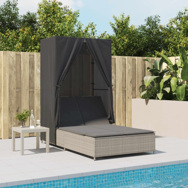 Double sun lounger with canopy and curtains, gray
