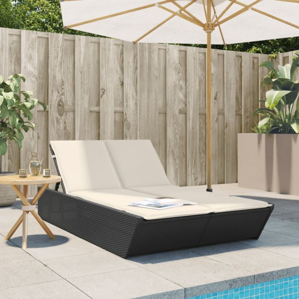 Double sunbed with mattresses, black, polyrattan