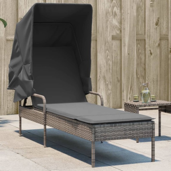 Sun lounger with canopy, gray color, polyrattan