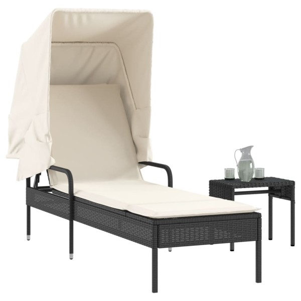 Sun lounger with canopy and table, black, polyrattan