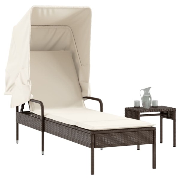 Sun lounger with canopy and table, brown, polyrattan