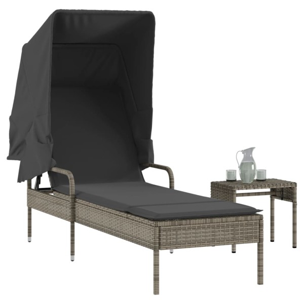 Sun lounger with canopy and table, gray, polyrattan