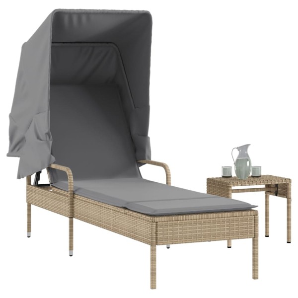 Sun lounger with canopy and table, sand, polyrattan