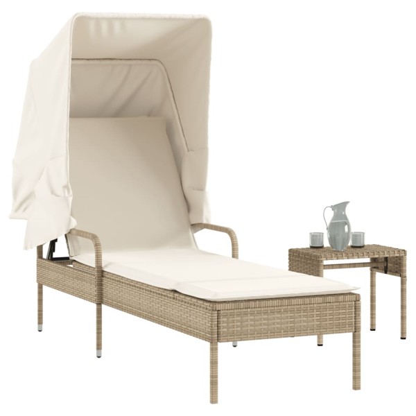 Sun lounger with canopy and table, sand, polyrattan