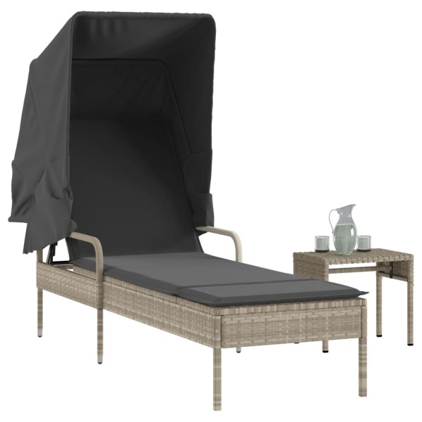 Sun lounger with canopy and table, gray, polyrattan