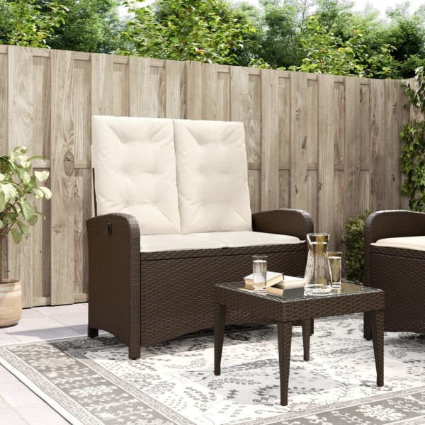 Reclining garden bench with cushions, brown, polyrattan