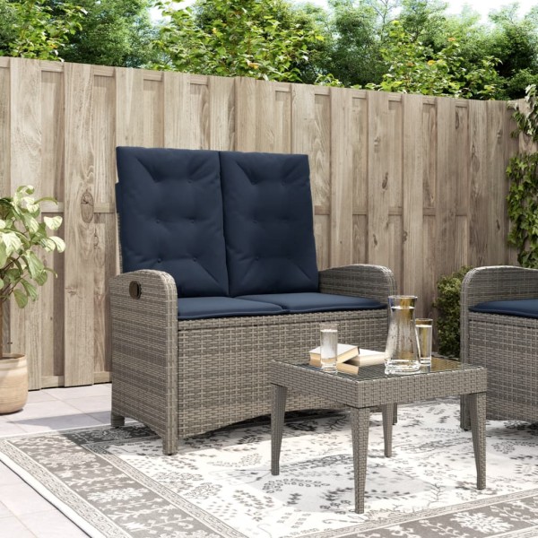Reclining garden bench with cushions, gray, polyrattan
