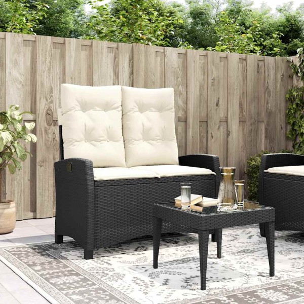 Reclining garden bench with cushions, black, polyrattan
