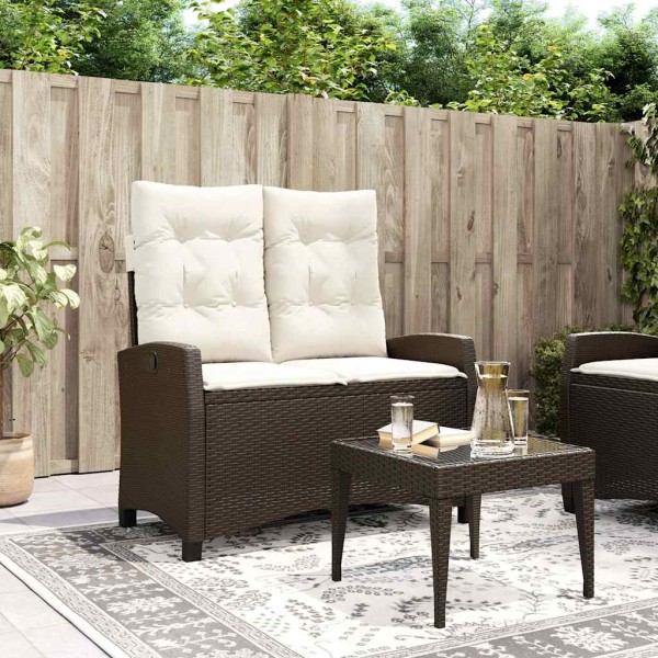 Reclining garden bench with cushions, brown, polyrattan