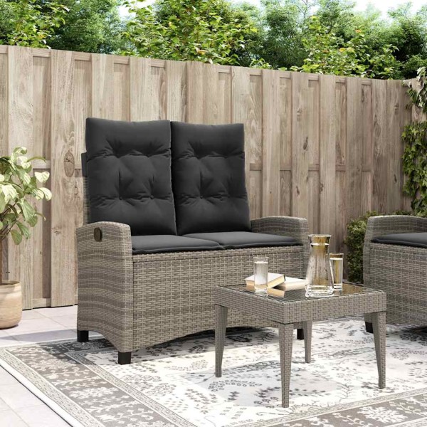 Reclining garden bench with cushions, gray, polyrattan