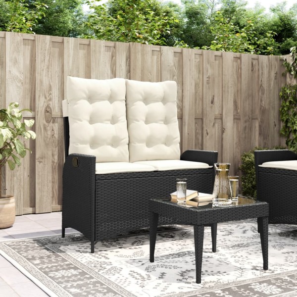 Reclining garden bench with cushions, black, polyrattan