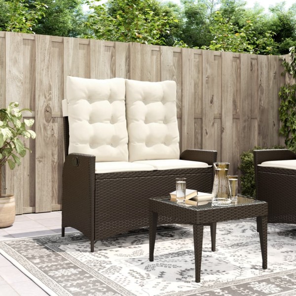 Reclining garden bench with cushions, brown, polyrattan