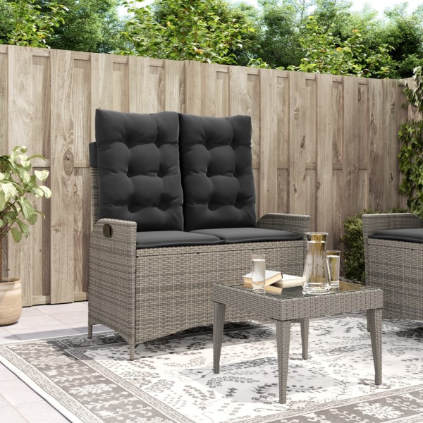 Reclining garden bench with cushions, gray, polyrattan