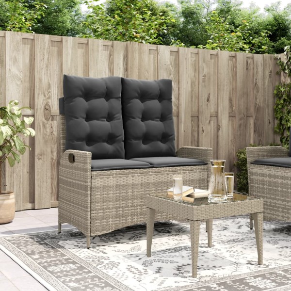 Reclining garden bench with cushions, gray, polyrattan