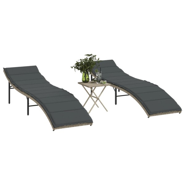 Sunbeds with table, 2 pcs., light gray, polyrattan